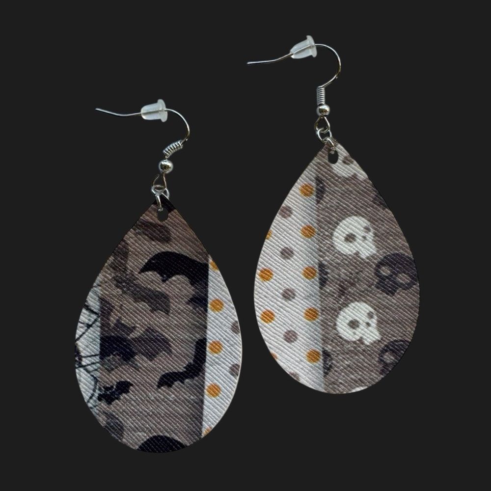 Teardrop Faux Leather Halloween Earrings | Spooky Bat, Skull & Polka Dot Dangle